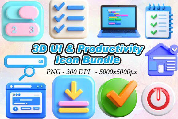 3D UI Productivity Icons PNG